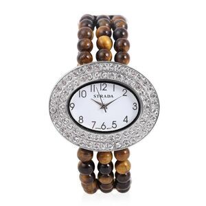 STRADA Stretch Bracelet Austrian Crystal Watch Tiger's Eye